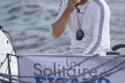 Yann Elies (Groupe Queguiner-Leucemie Espoir) en tete au passage du phare de Wolf Rock lors de la 3eme etape de la Solitaire du Figaro - Eric Bompard cachemire entre La Cornouaille et Torbay (Angleterre) - le 16/06/2015