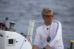 Yann Elies (Groupe Queguiner-Leucemie Espoir) en tete au passage du phare de Wolf Rock lors de la 3eme etape de la Solitaire du Figaro - Eric Bompard cachemire entre La Cornouaille et Torbay (Angleterre) - le 16/06/2015