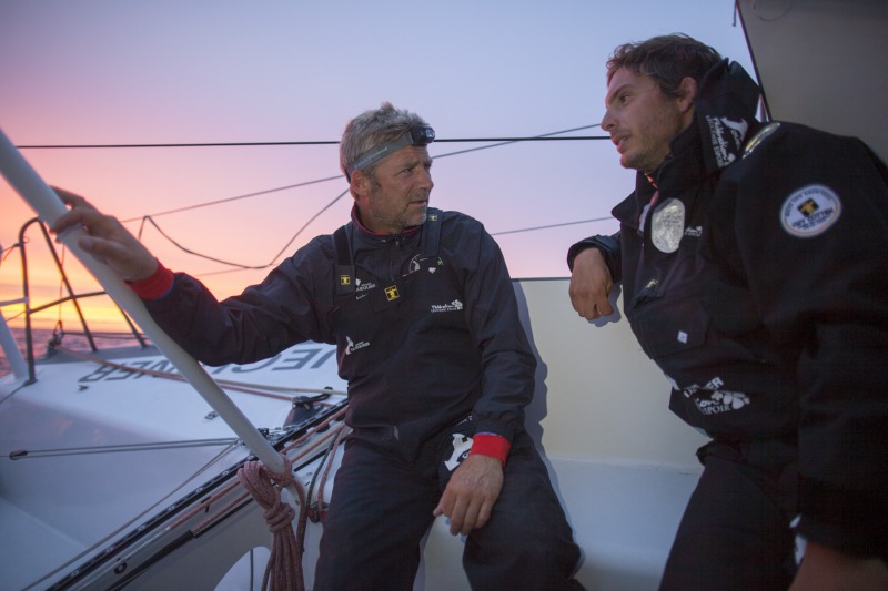 Entrainement a bord du monocoque Imoca Groupe Queguiner-Leucemie Espoir en vue de la Transat Jacques Vabre - Skipper : Yann Elies - Co_Skipper : Charlie Dalin -