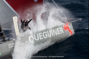 Entrainement du monocoque Imoca Groupe Queguiner-Leucemie Espoir en vue de la Transat Jacques Vabre - Skipper : Yann Elies - Co-Skipper : Charlie Dalin - Le 31/08/2015