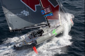 Entrainement du monocoque Imoca Groupe Queguiner-Leucemie Espoir en vue de la Transat Jacques Vabre - Skipper : Yann Elies - Co-Skipper : Charlie Dalin - Le 31/08/2015