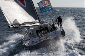 Entrainement du monocoque Imoca Groupe Queguiner-Leucemie Espoir en vue de la Transat Jacques Vabre - Skipper : Yann Elies - Co-Skipper : Charlie Dalin - Le 31/08/2015