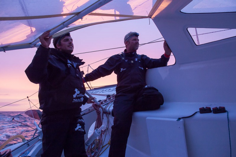 Entrainement a bord du monocoque Imoca Groupe Queguiner-Leucemie Espoir en vue de la Transat Jacques Vabre - Skipper : Yann Elies - Co-Skipper : Charlie Dalin -