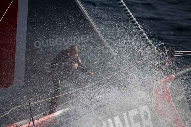 Entrainement du monocoque Imoca Groupe Queguiner-Leucemie Espoir en vue de la Transat Jacques Vabre - Skipper : Yann Elies - Co-Skipper : Charlie Dalin - Le 31/08/2015