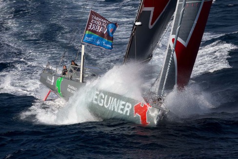 Entrainement du monocoque Imoca Groupe Queguiner-Leucemie Espoir en vue de la Transat Jacques Vabre - Skipper : Yann Elies - Co-Skipper : Charlie Dalin - Le 31/08/2015