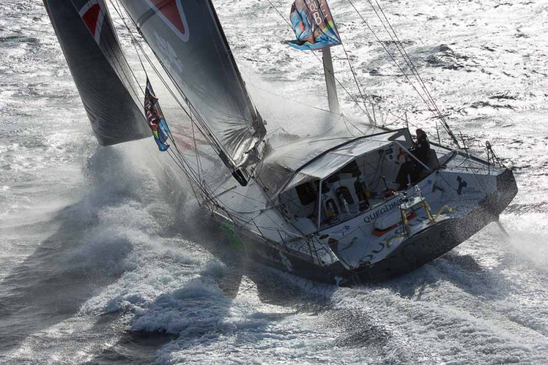 Entrainement du monocoque Imoca Groupe Queguiner-Leucemie Espoir en vue de la Transat Jacques Vabre - Skipper : Yann Elies - Co-Skipper : Charlie Dalin - Le 31/08/2015