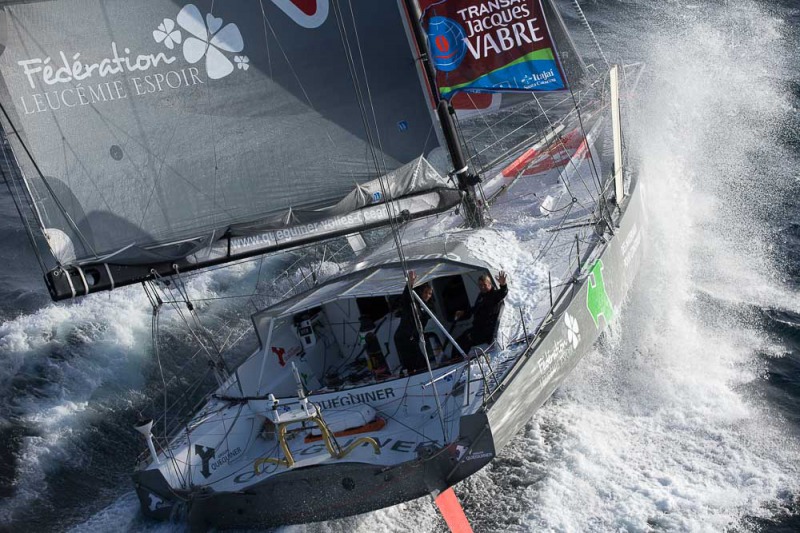 Entrainement du monocoque Imoca Groupe Queguiner-Leucemie Espoir en vue de la Transat Jacques Vabre - Skipper : Yann Elies - Co-Skipper : Charlie Dalin - Le 31/08/2015