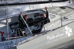 Entrainement du monocoque Imoca Groupe Queguiner-Leucemie Espoir en vue de la Transat Jacques Vabre - Skipper : Yann Elies - Co-Skipper : Charlie Dalin - Le 31/08/2015