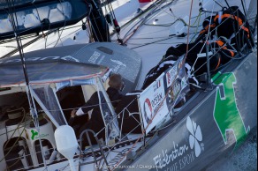 Yann Elies, skipper de l Imoca Queguiner-Leucemie Espoir lors du depart du Vendee Globe 2016 - Les Sables d'Olonne le 06/11/2016