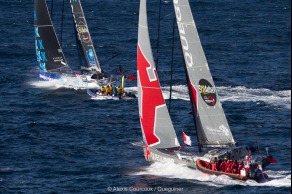 Yann Elies, skipper de l Imoca Queguiner-Leucemie Espoir lors du depart du Vendee Globe 2016 - Les Sables d'Olonne le 06/11/2016