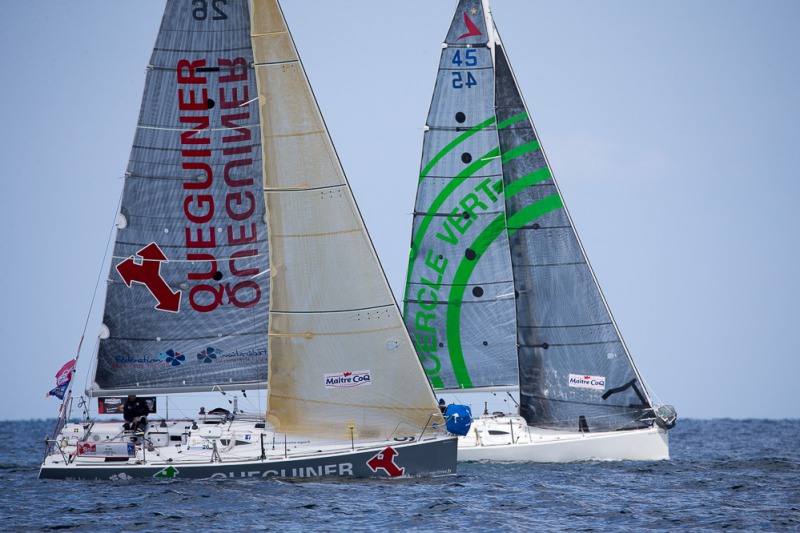 Yann Elies, skipper du Figaro Queguiner-Leucemie Espoir lors du depart de la grande course de la Solo Maitre Coq 2017 - Les Sables d Olonne le 27/04/2017