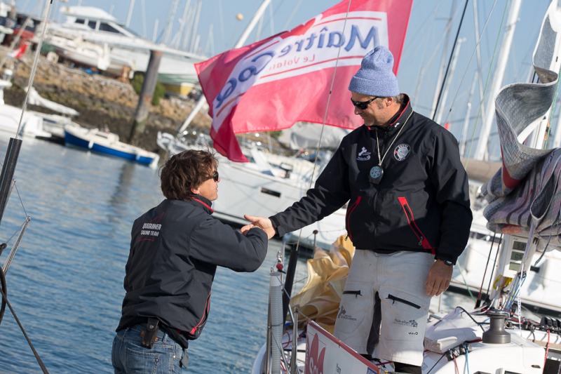 Yann Elies, skipper du Figaro Queguiner-Leucemie Espoir lors du depart de la grande course de la Solo Maitre Coq 2017 - Les Sables d Olonne le 27/04/2017