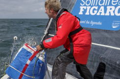 Yann Elies en entrainement a bord du Figaro Queguiner Materiaux en vue de sa participation a la Solitaire du Figaro 2020 - Port La Foret le 22/08/2020