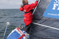 Yann Elies en entrainement a bord du Figaro Queguiner Materiaux en vue de sa participation a la Solitaire du Figaro 2020 - Port La Foret le 22/08/2020