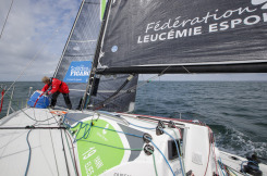 Yann Elies en entrainement a bord du Figaro Queguiner Materiaux en vue de sa participation a la Solitaire du Figaro 2020 - Port La Foret le 22/08/2020