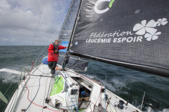 Yann Elies en entrainement a bord du Figaro Queguiner Materiaux en vue de sa participation a la Solitaire du Figaro 2020 - Port La Foret le 22/08/2020