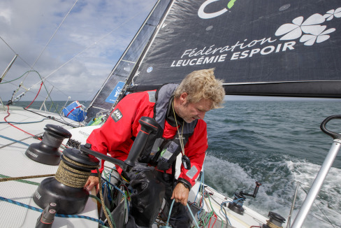 Yann Elies en entrainement a bord du Figaro Queguiner Materiaux en vue de sa participation a la Solitaire du Figaro 2020 - Port La Foret le 22/08/2020